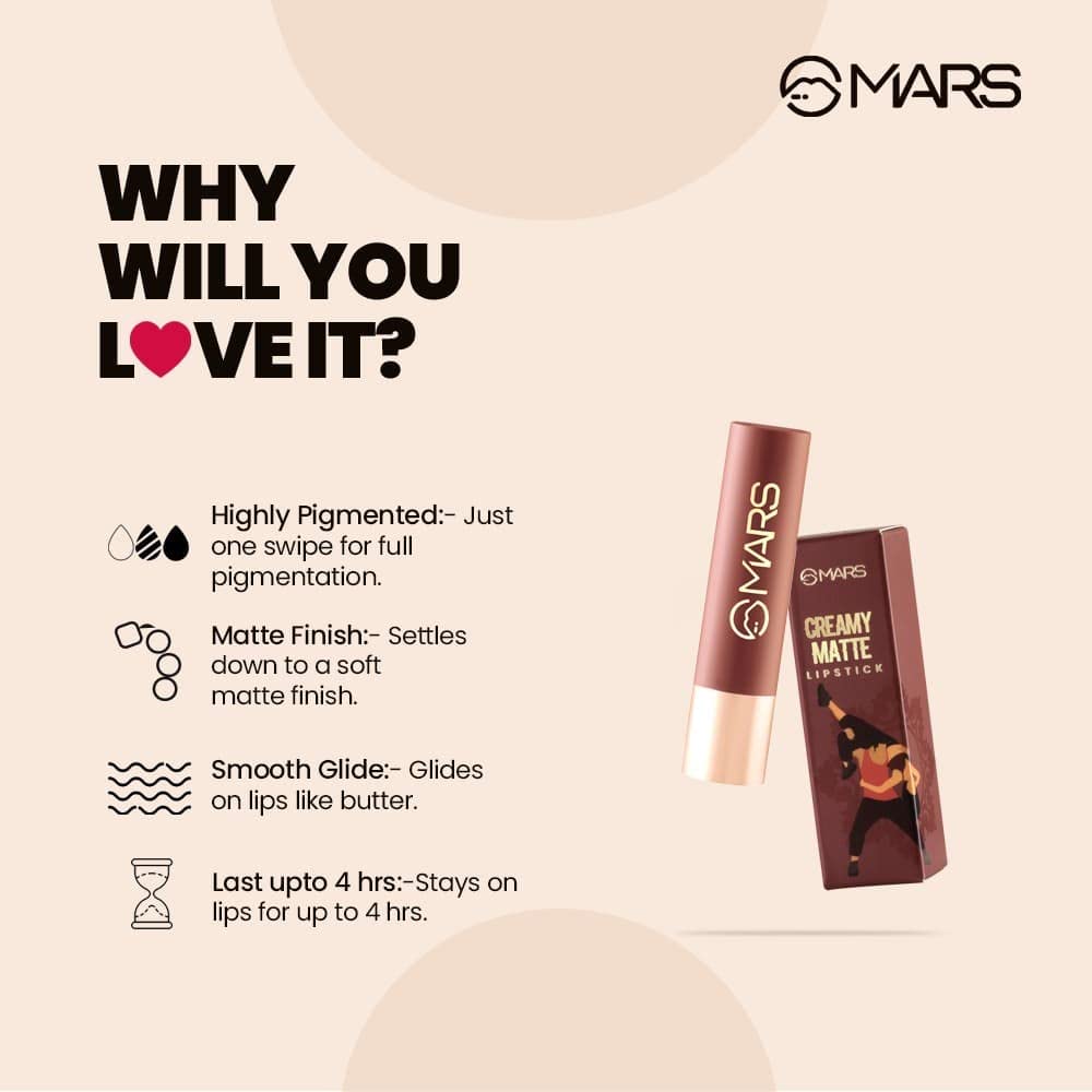 MARS Creamy Matte Long Lasting Lipstick for Women | Creamy Lipstick | Single Swipe Application | Smooth & Light Weight (3.2 gm) (09-Bollywood Surprise) - Image 5