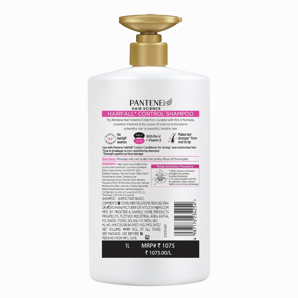 Pantene Hair Fall Control Shampoo for Weak, Dry and Frizzy Hair, With Pro V + Vitamin B, 1 Ltr - Image 10