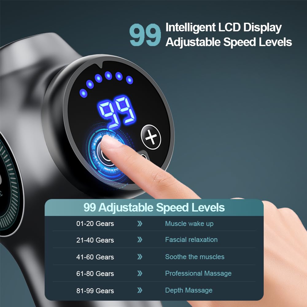 Tisscare Massage Gun Deep Tissue – 99 Speeds and 8 Heads Percussion Gun Massager for Pain Relief Muscle Recovery and Relaxation, Portable with Carry Case for Gym Home Office, Gift for Men and Women - Image 3