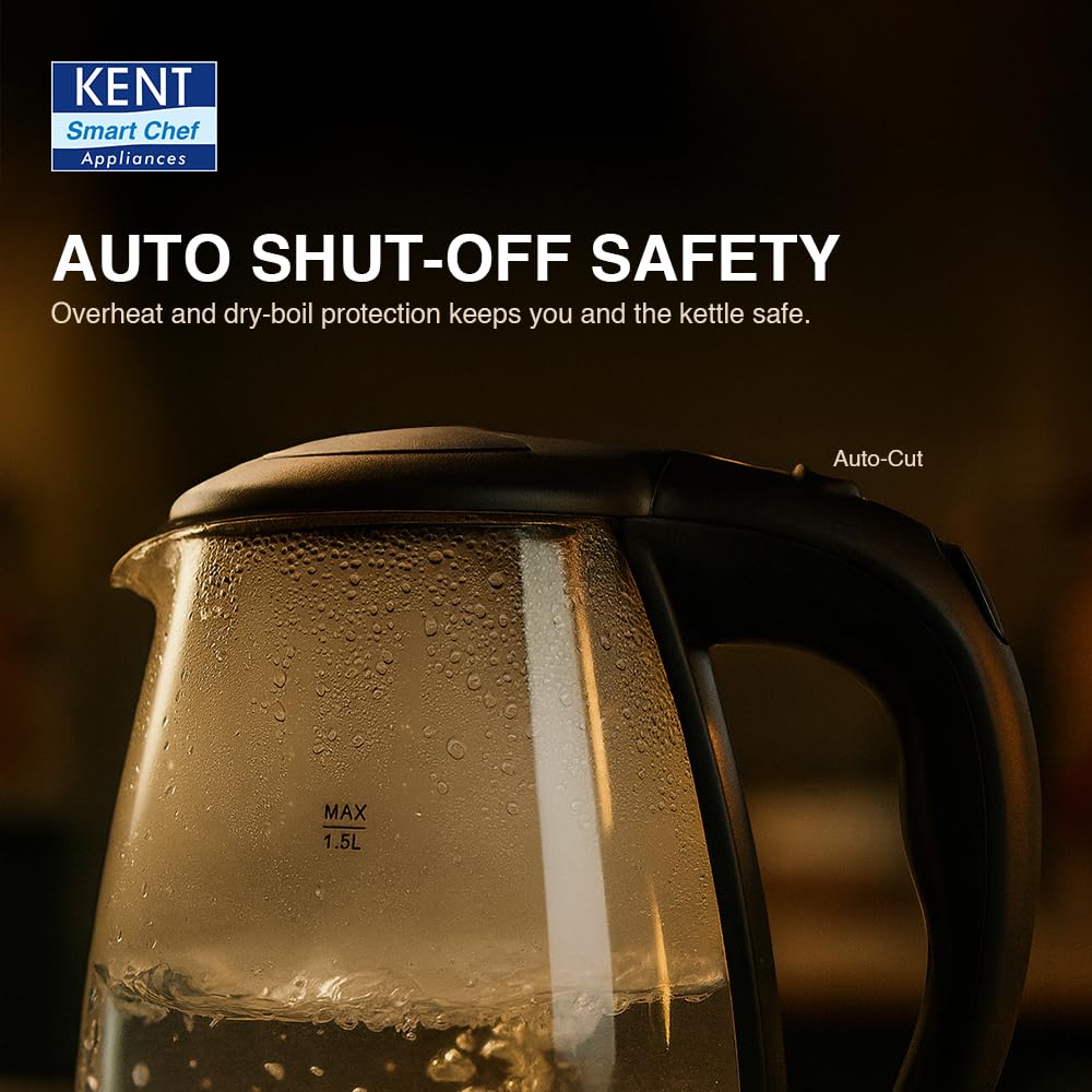 KENT Elegant Electric Glass Kettle, 1.8L, Stainless Steel Heating Plate, Borosilicate Glass Body, Boil Drying Protection - Image 4