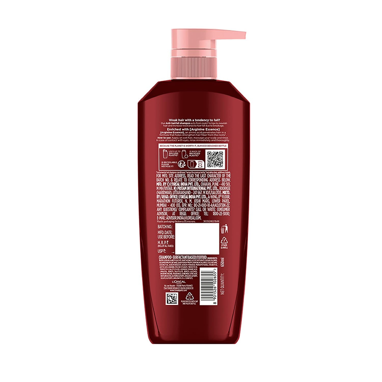 LOreal Paris Fall Resist 3X Anti-Hairfall Shampoo with Arginine Essence For Weak Hair with Tendency to Fall and Hair Thinning, Reduces Hair Breakage and Nourishes Roots- 650ml - Image 10