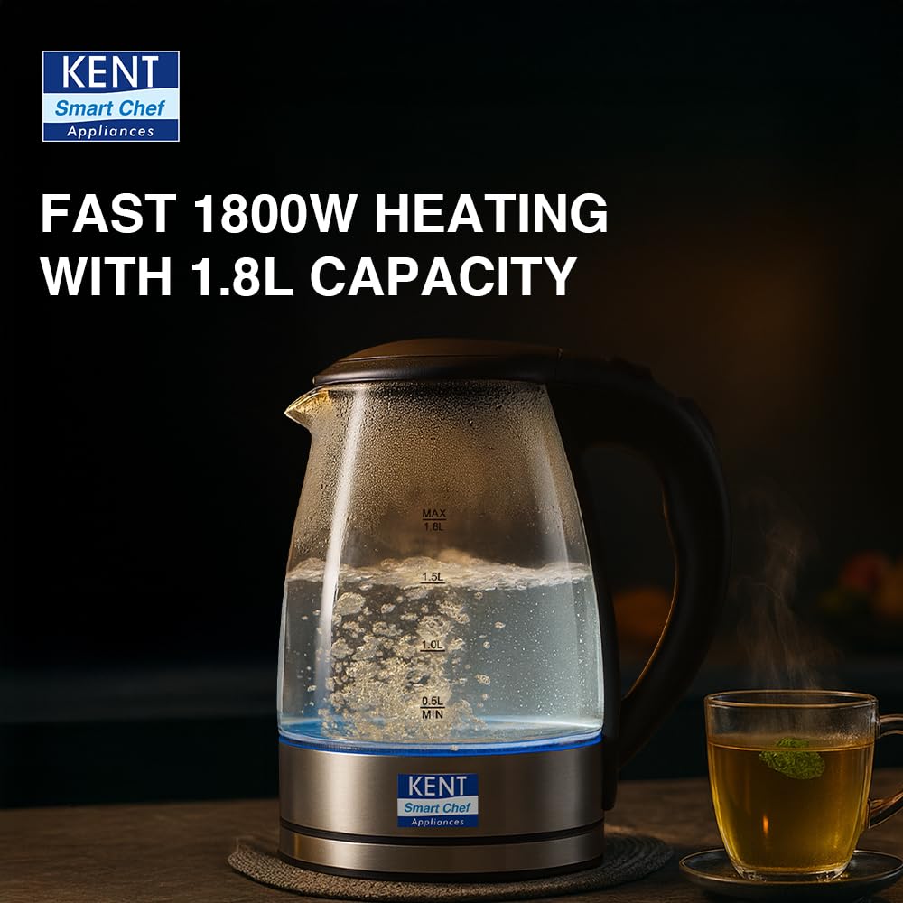 KENT Elegant Electric Glass Kettle, 1.8L, Stainless Steel Heating Plate, Borosilicate Glass Body, Boil Drying Protection - Image 6
