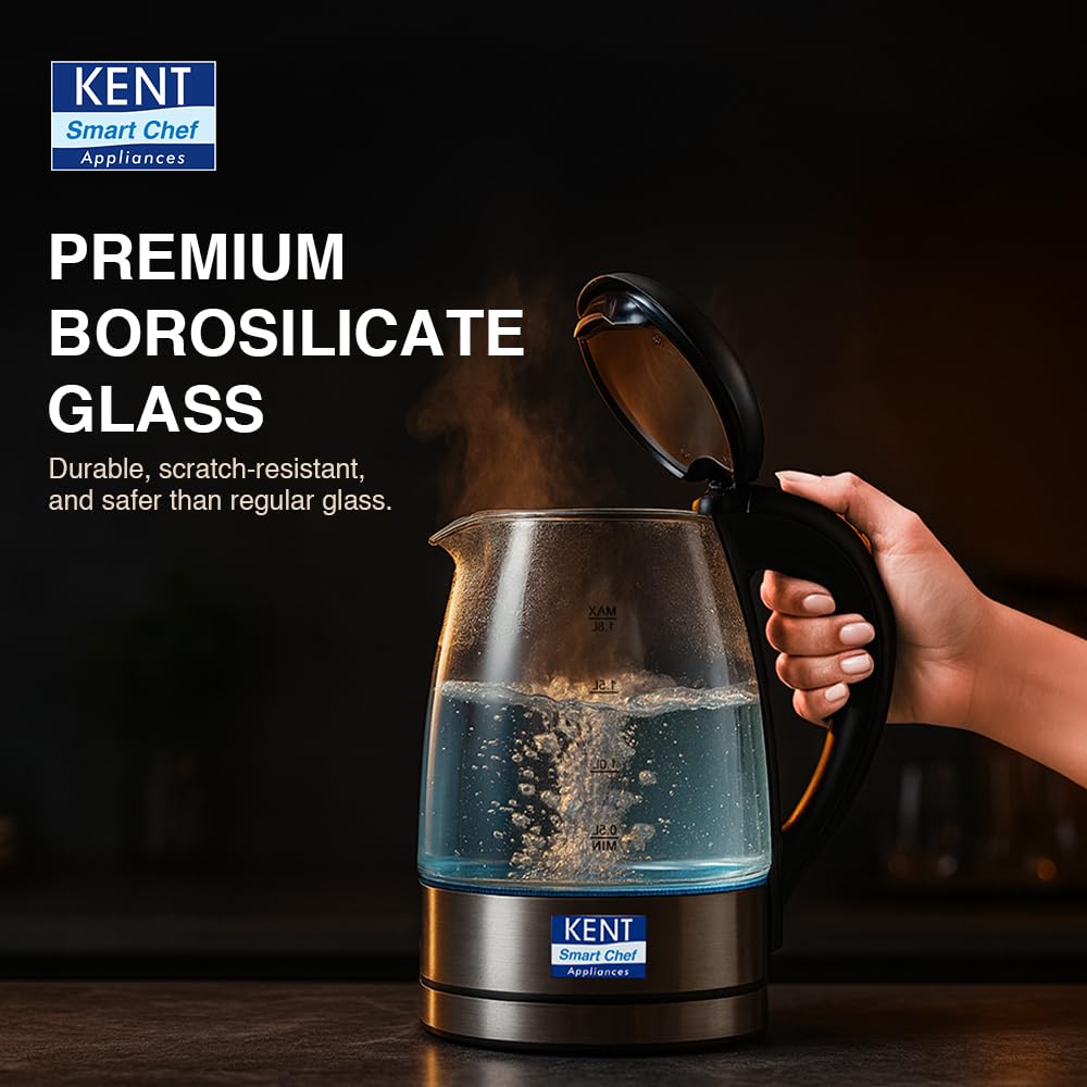 KENT Elegant Electric Glass Kettle, 1.8L, Stainless Steel Heating Plate, Borosilicate Glass Body, Boil Drying Protection - Image 5