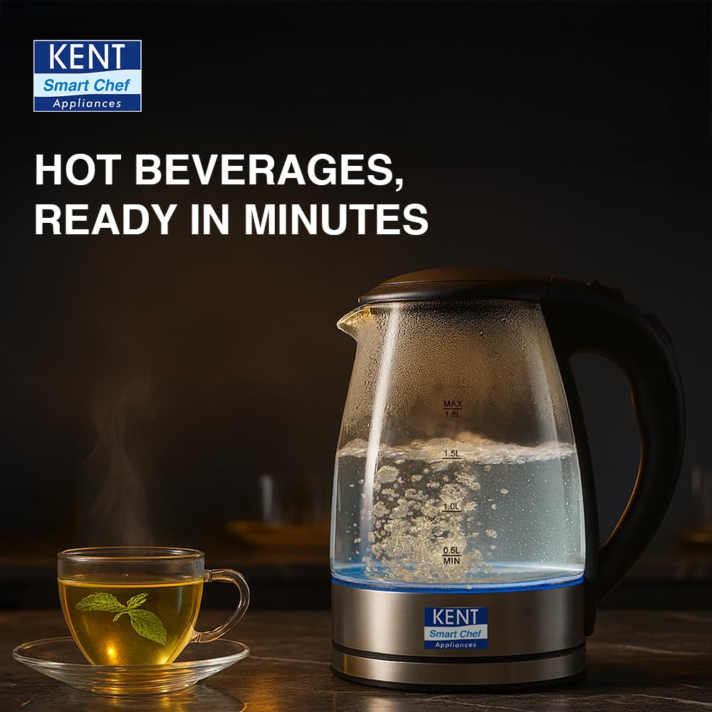 KENT Elegant Electric Glass Kettle, 1.8L, Stainless Steel Heating Plate, Borosilicate Glass Body, Boil Drying Protection - Image 3