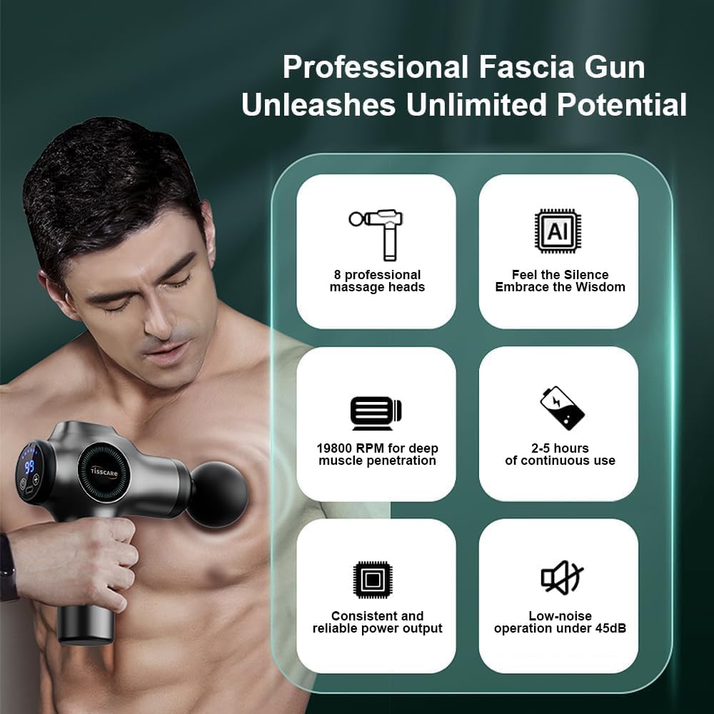 Tisscare Massage Gun Deep Tissue – 99 Speeds and 8 Heads Percussion Gun Massager for Pain Relief Muscle Recovery and Relaxation, Portable with Carry Case for Gym Home Office, Gift for Men and Women - Image 5