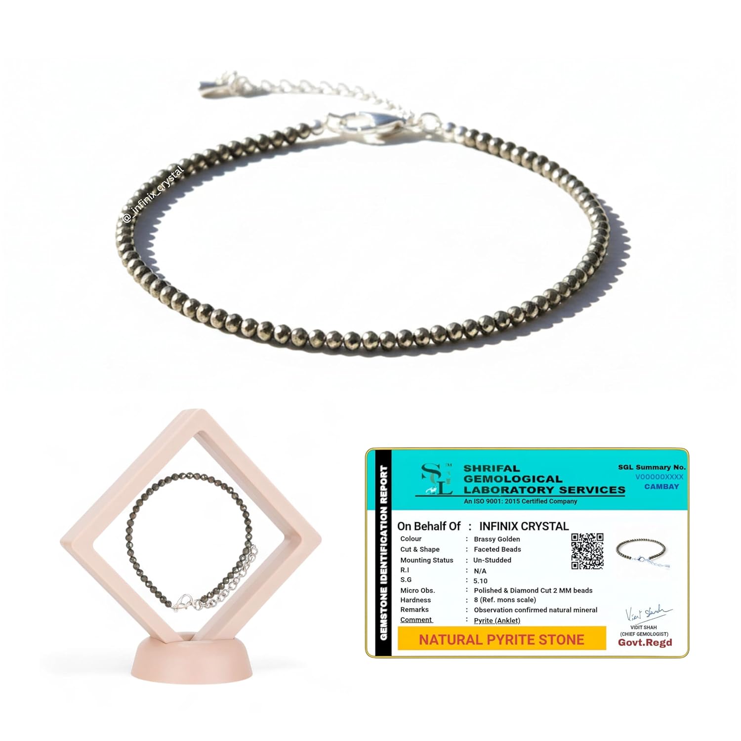 Certified Pyrite Anklet for Women - Handcrafted Healing Crystal Jewelry with Natural Stone for Energy, Balance & Meditation - Adjustable Size, Ideal Gift for Women & Girls - Image 2