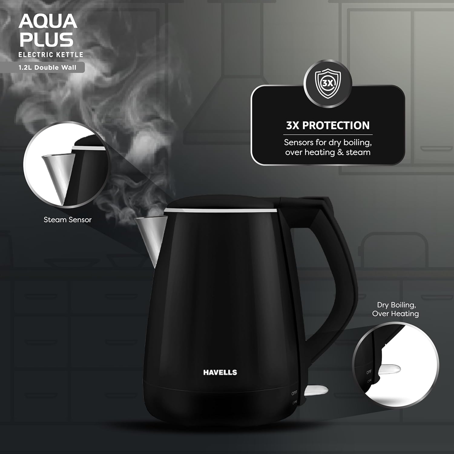 Havells Aqua Plus Electric Kettle 1.2 Litre, 1250 Watt | 304 Stainless Steel Inner Body | Cool Touch Body | Auto Shut-Off |Wider Mouth|2 Years Door Step Warranty by Havells (Black) - Image 8