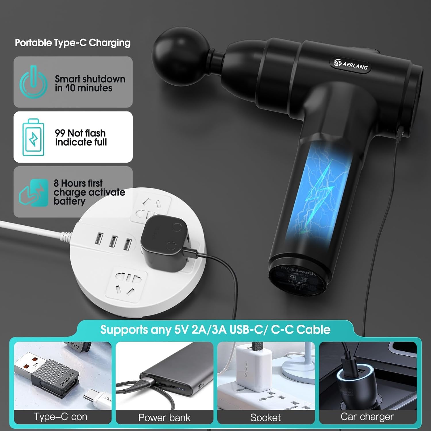 AERLANG Massage Gun, Percussion Muscle Massager for Pain Relief, Deep Tissue Massage Machine with 6 Massage Heads & 20 Speed Settings, Body Muscle Massager with Carry Case - Image 6