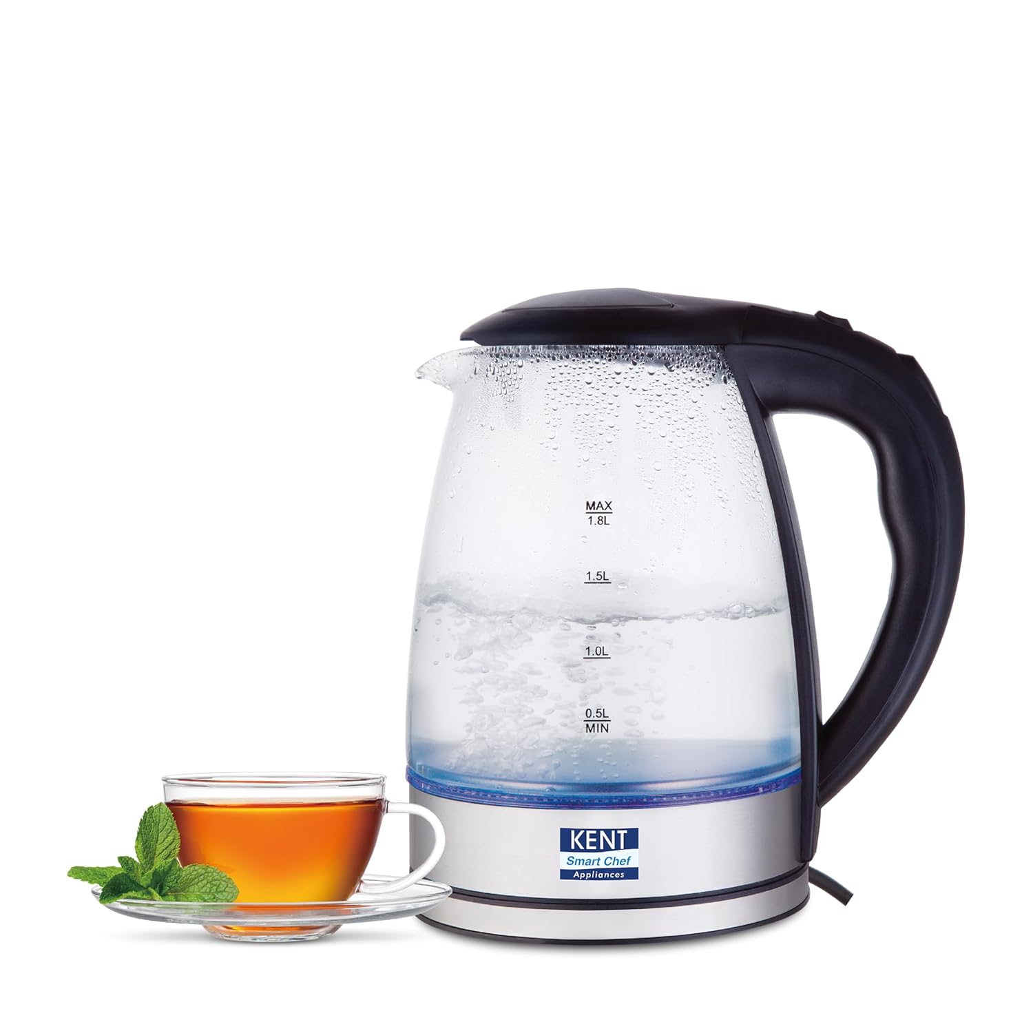 KENT Elegant Electric Glass Kettle, 1.8L, Stainless Steel Heating Plate, Borosilicate Glass Body, Boil Drying Protection - Image 2