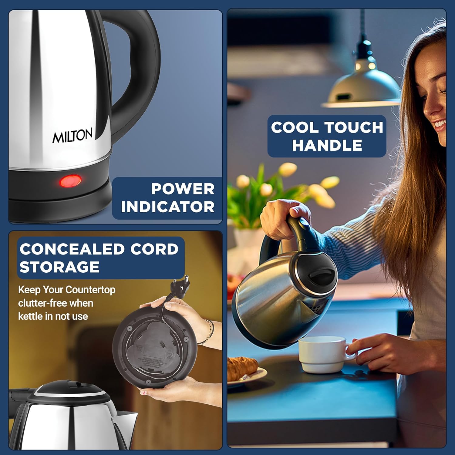 Milton Appliances Go Electric Kettle 1.2 Litre I 3X Protection from Dry Boil, Auto Shut Off, Overheat I 1500 Watt I Super Fast Boiling I Stainless Steel I 360° Power Base I 1 Year Warranty - Image 7