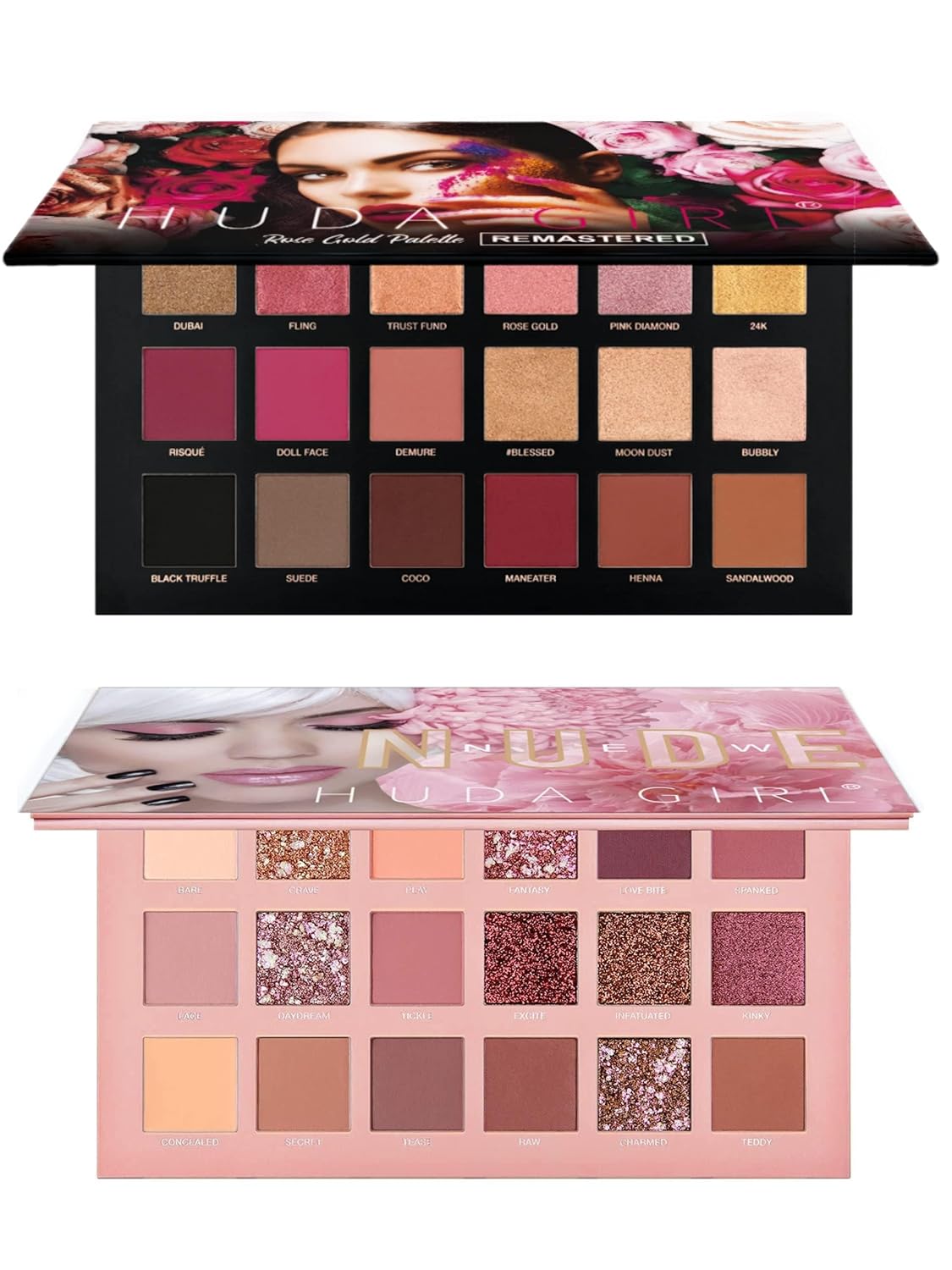 HUDA GIRL Beauty Rose Gold Remastered + Nude Edition Eyeshadow Palette Combo Kit - 36 Matte and Shimmer Finishes, Includes Black Eyeshadow - Complete Eye Shadow Palette Set - Image 6