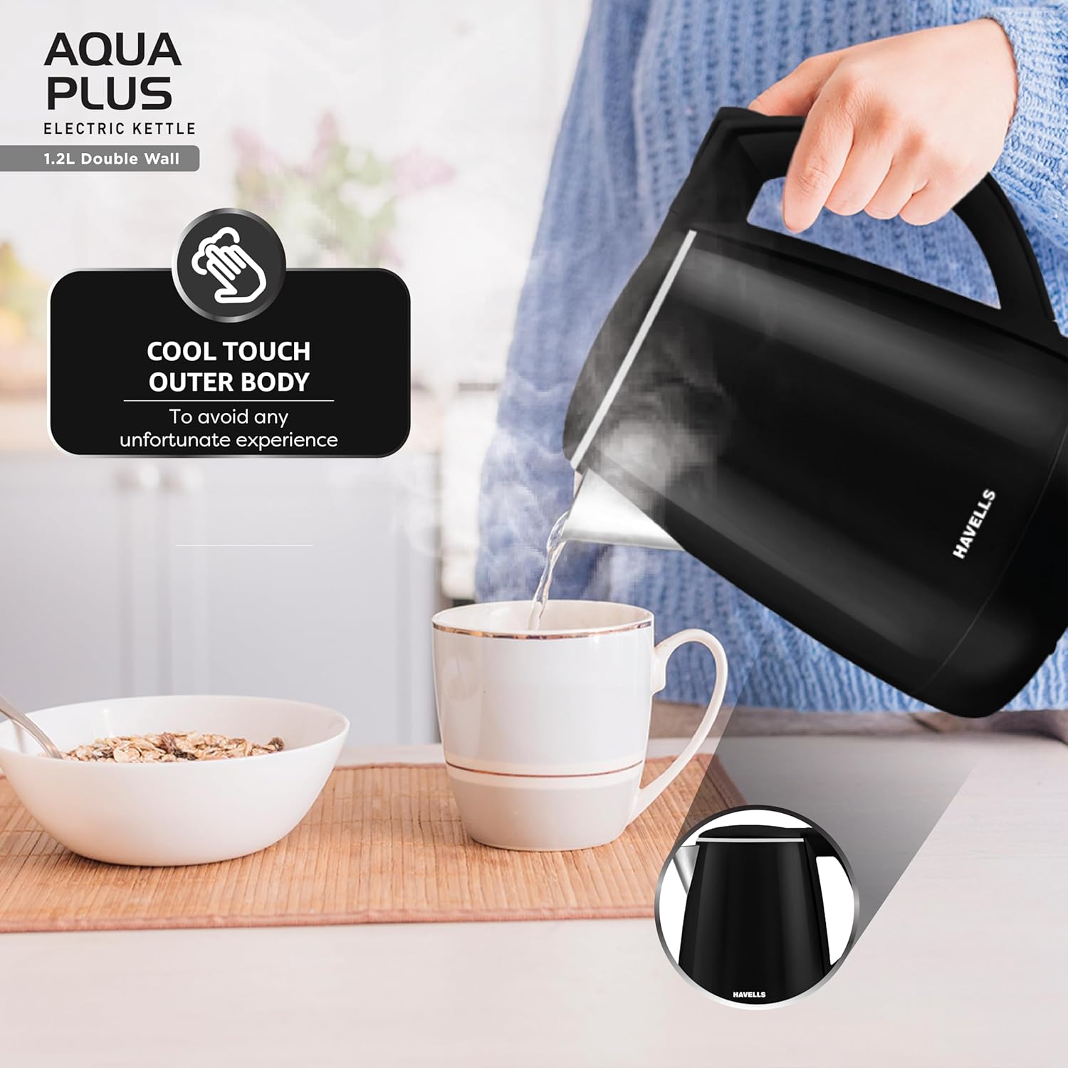 Havells Aqua Plus Electric Kettle 1.2 Litre, 1250 Watt | 304 Stainless Steel Inner Body | Cool Touch Body | Auto Shut-Off |Wider Mouth|2 Years Door Step Warranty by Havells (Black) - Image 6