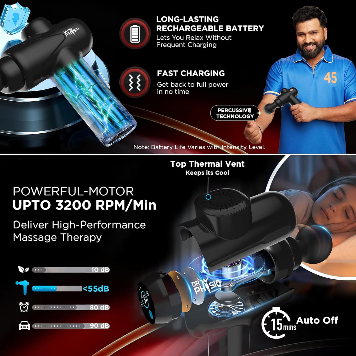 Dr Physio USA Touch Dynamo 1049 Percussion Gun Massager for Full Body Pain Relief, Rechargeable Cordless Deep Tissue Massage Machine for Legs & Arms, Use at Home, Gym & During Travel - Image 4