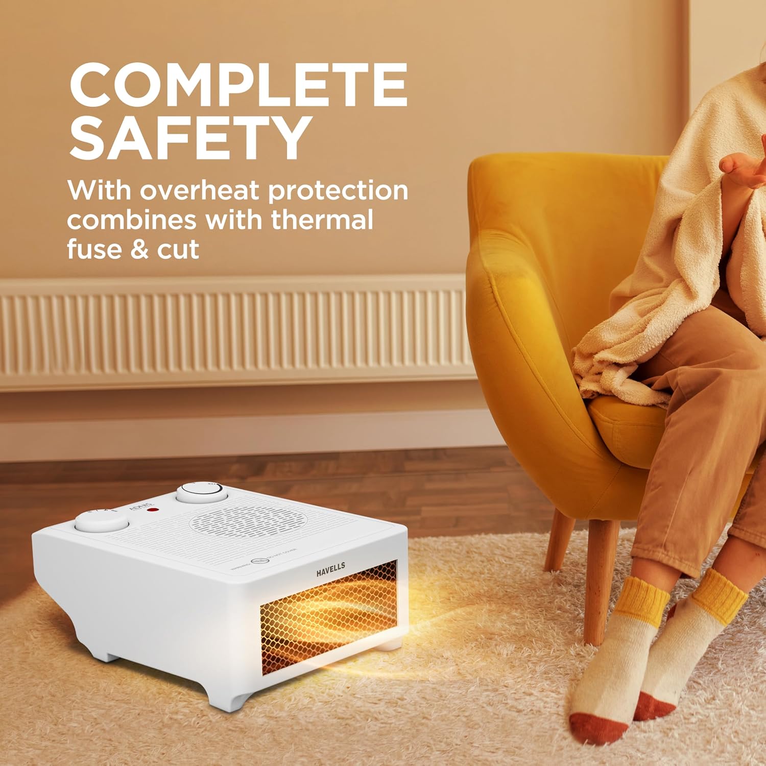 Havells Adnis Room Heater| Dual Heat Setting 900/1800 Watt| Safety with Overheat Protection| Adjustable Thermostat Control Knob| Fire Retardant Material| Cool Fan Function| 2 Year Warranty (White) - Image 5