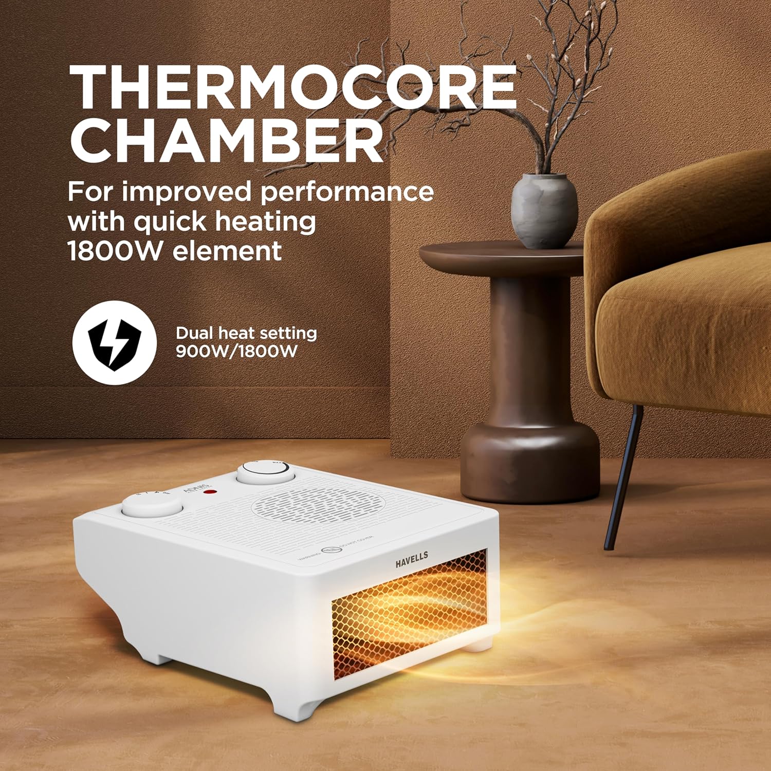 Havells Adnis Room Heater| Dual Heat Setting 900/1800 Watt| Safety with Overheat Protection| Adjustable Thermostat Control Knob| Fire Retardant Material| Cool Fan Function| 2 Year Warranty (White) - Image 3